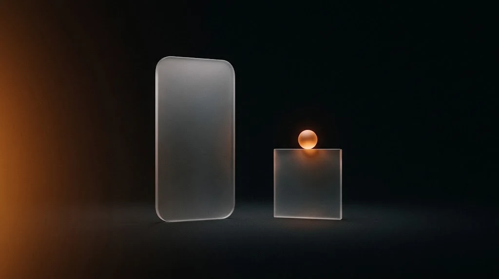 Two frosted glass slabs in a dark space, a tall rounded one on the left and a small square one on the right holding a glowing orange sphere